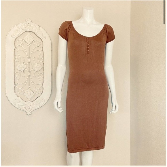 Peruvian Connection Dress S Brown Button Front 100% Pima Cotton 38” Cap Sleeve - Picture 1 of 10